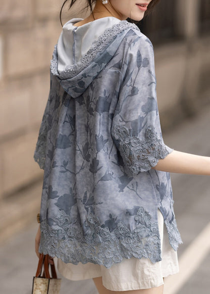 Blue Hooded Patchwork Lace Loose Sweatshirt Summer