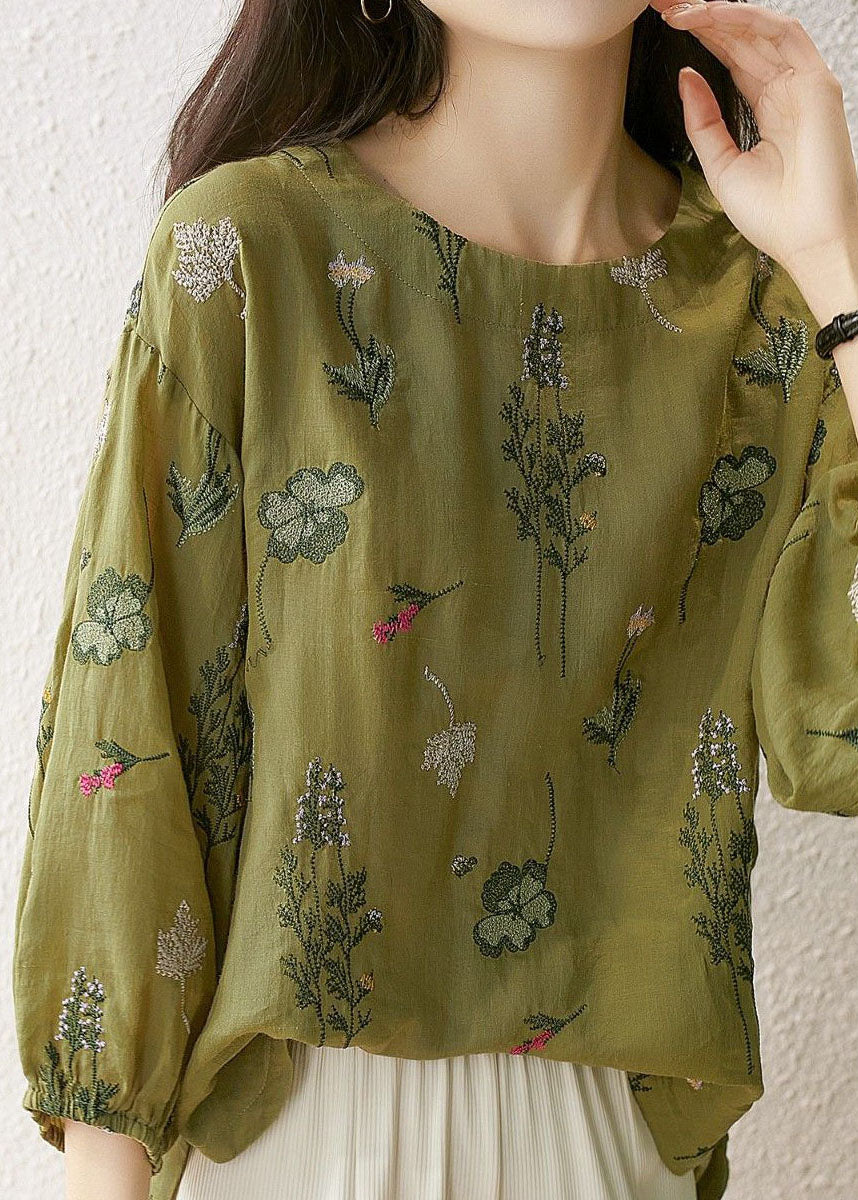 Green O-neck Embroideried Patchwork Cotton Tops Summer