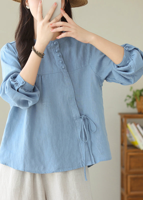 Linen Stand Collar Lace Up Cotton Shirt Top Spring