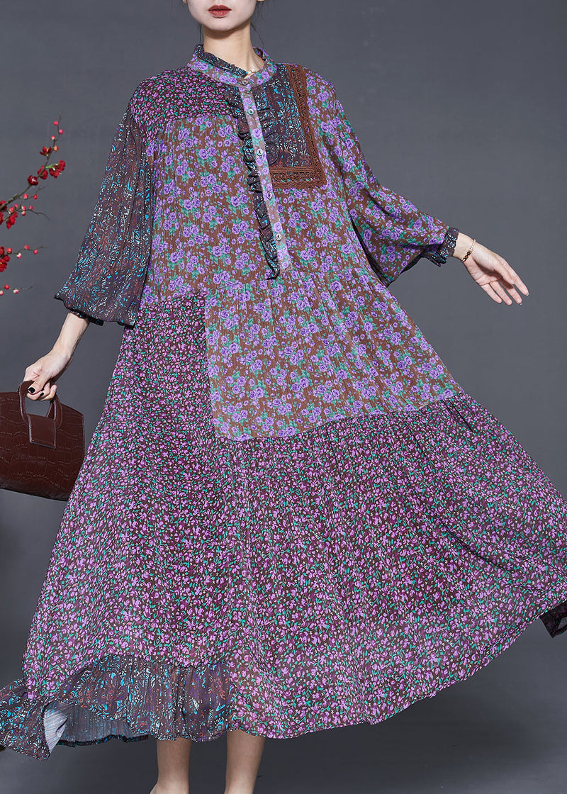 Purple Ruffled Patchwork Chiffon Dresses Summer