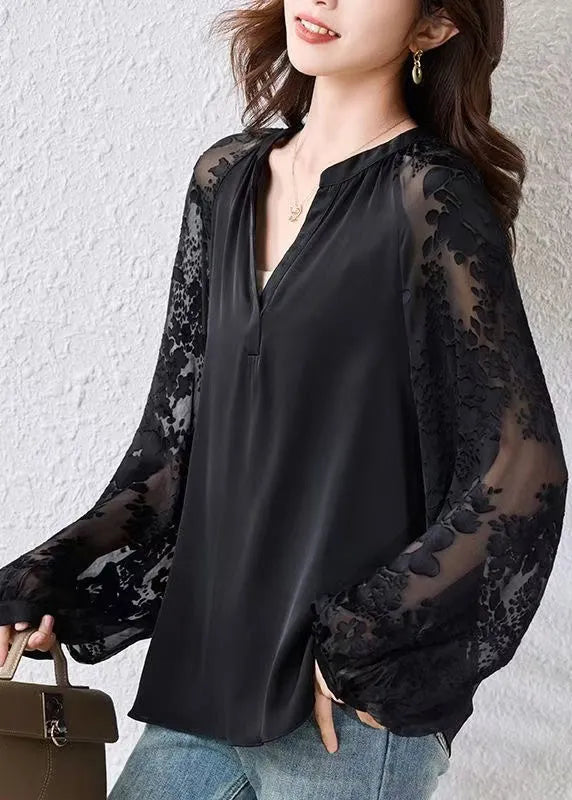 Loose Black V Neck Chiffon Blouses Fall