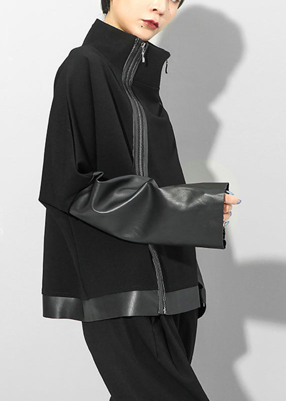 Black Stand Collar Zip Up Faux Leather Patchwork Coat Long Sleeve