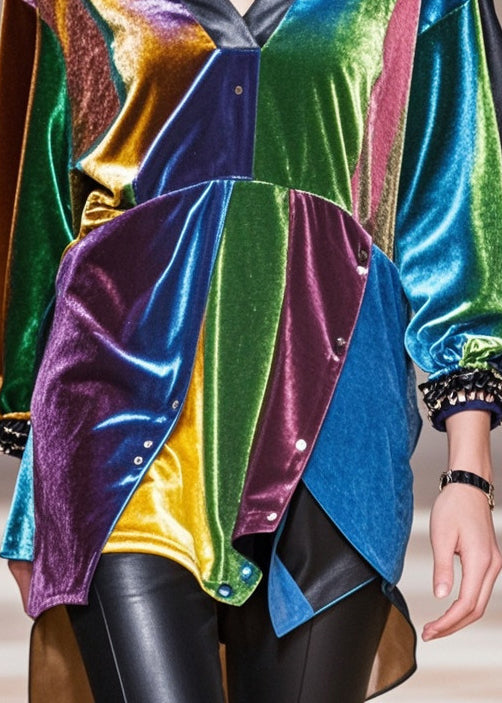 Diy Multicolour Asymmetrical Patchwork Silk Velour Shirt Tops Fall