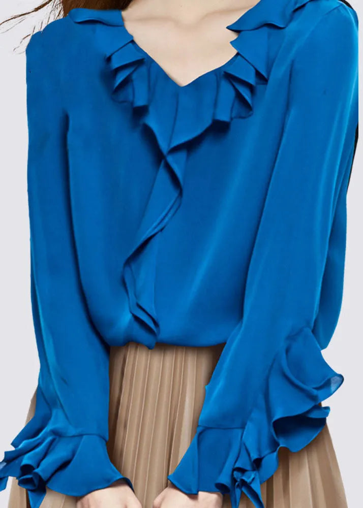 Blue V Neck Ruffled Chiffon Shirt Top Long Sleeve