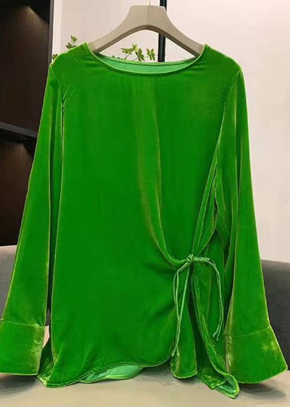 Green O-neck Cinched Velour Tops Long Sleeve