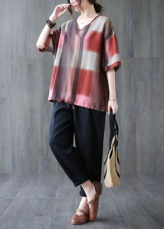 Red Oversized Plaid Linen Tanks Summer