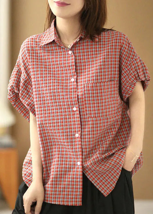 Red Peter Pan Collar Plaid Button Cotton Shirts Lantern Sleeve