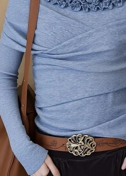 Classy Blue Ruffled Cross Cotton Shirt Top Spring