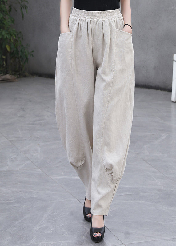 Beige Pockets Elastic Waist Linen Pants Summer