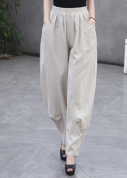 Beige Pockets Elastic Waist Linen Pants Summer