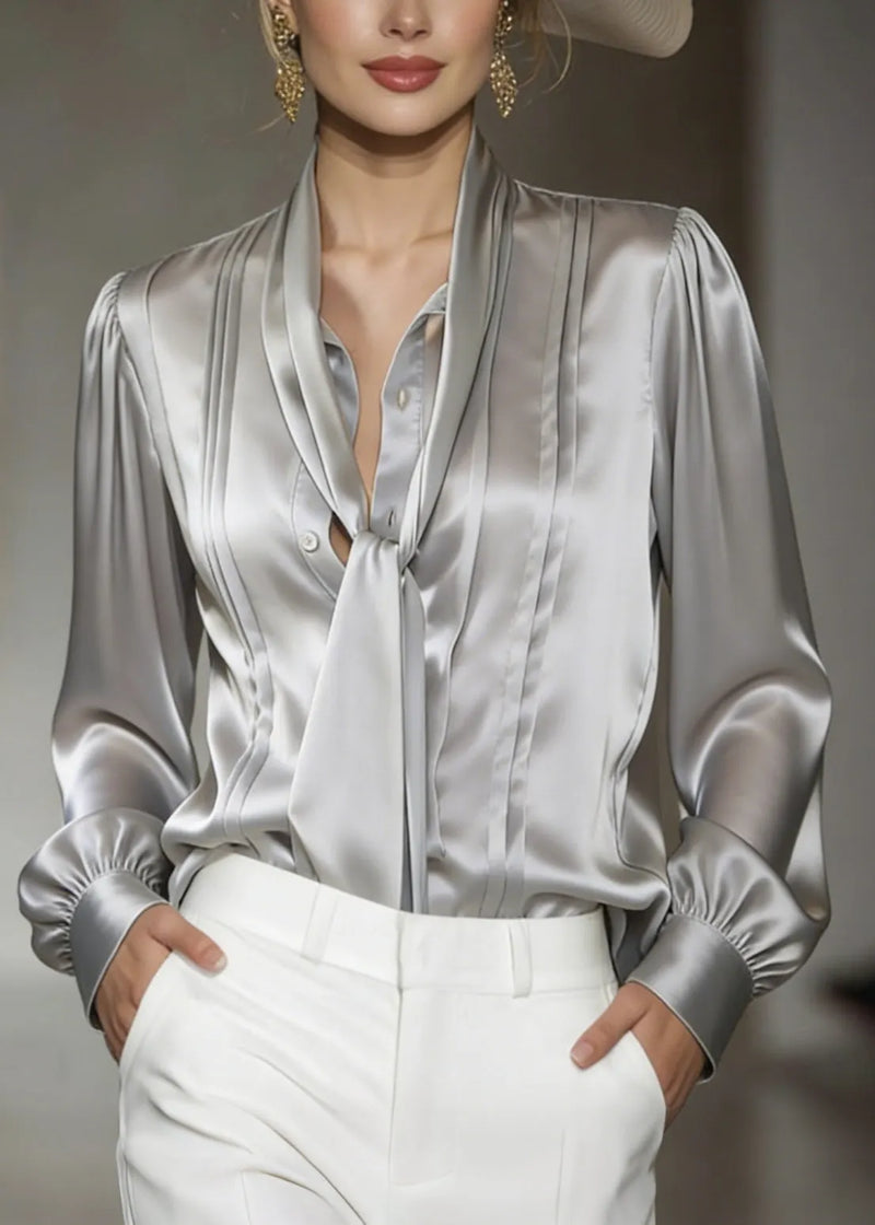 Classy Grey Lace Up Wrinkled Silk Blouses Spring