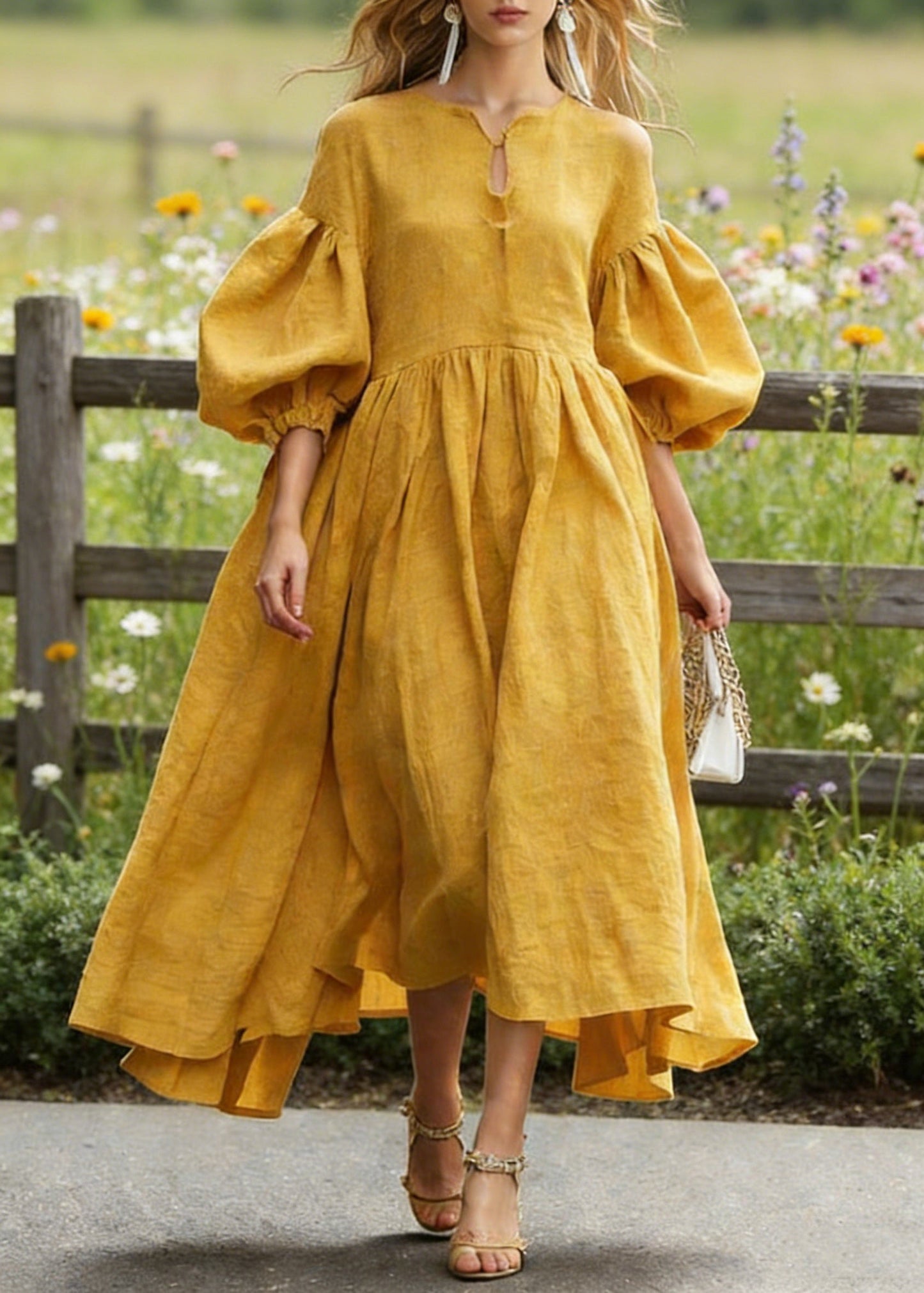Yellow Exra Large Hem Cotton Maxi Dresses Lantern Sleeve