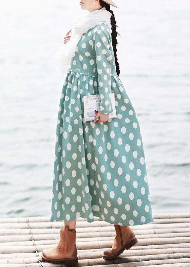 Diy O Neck Cinched Spring Quilting Dresses Pattern Green Dotted Loose Dresses