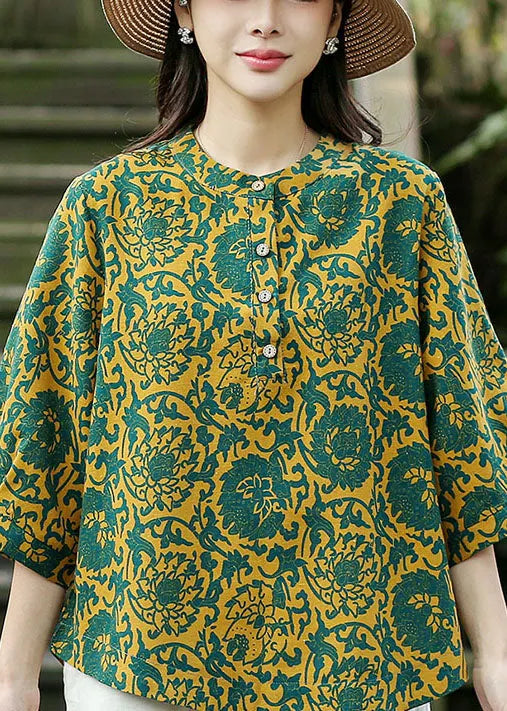 Handmade Yellow O-neck Green Print Linen Shirt Top Bracelet Sleeve