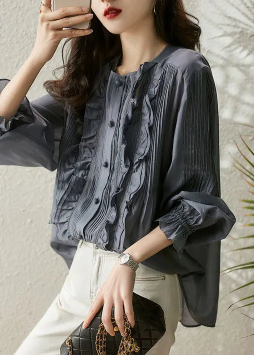 Simple Blue Grey Button O-neck Ruffled Chiffon Top Lantern Sleeve