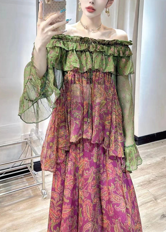 Purple Print Chiffon Top and Maxi Skirts Two Pieces Set Fall