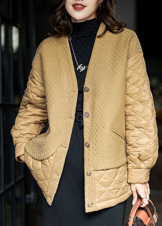 Simple Khaki V Neck Patchwork Fine Cotton Filled Witner Coats