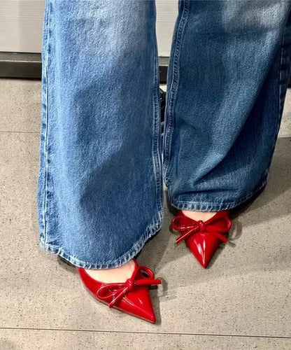 Bow Splicing Stiletto High Heels Red Faux Leather