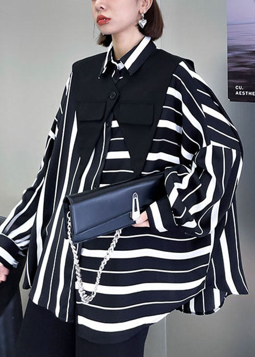 Unique Black White Striped Asymmetrical Design Fall Blouses Long Sleeve