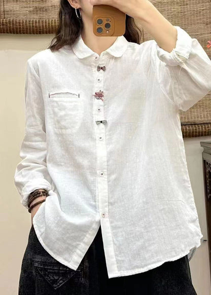 White Peter Pan Collar Button Bow Shirt Long Sleeve