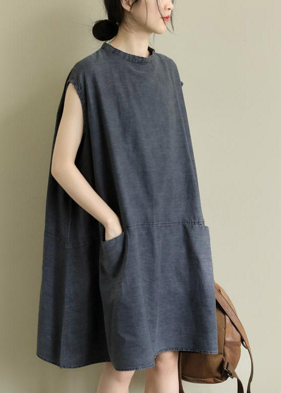 Boutique Grey Stand Collar Patchwork Mid Dress Summer