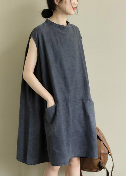 Boutique Grey Stand Collar Patchwork Mid Dress Summer