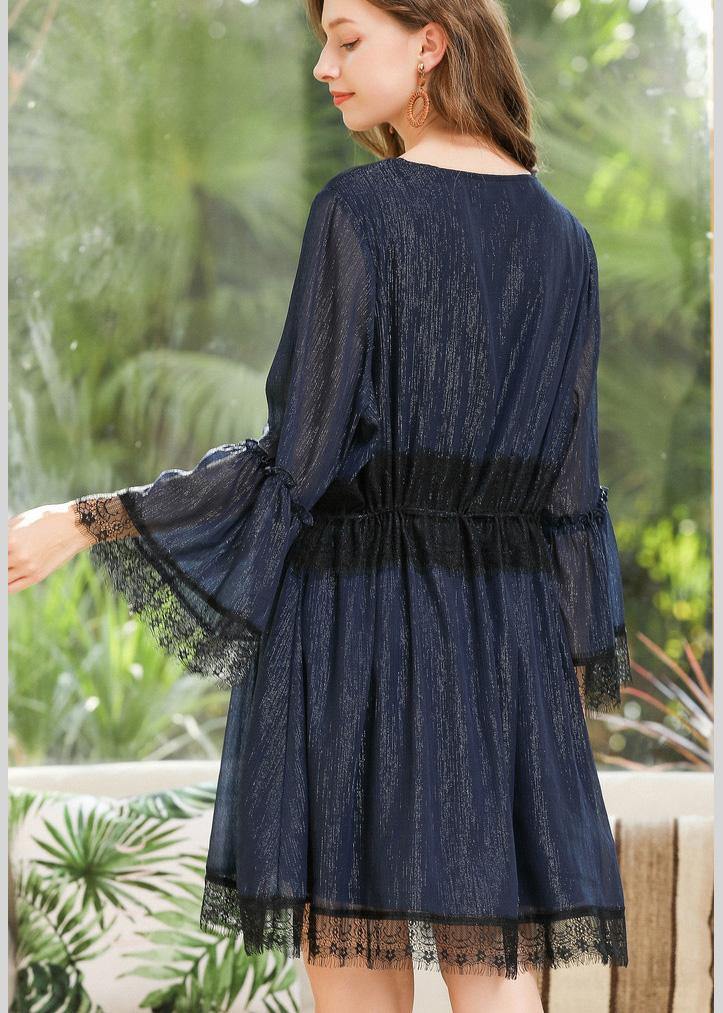 Navy O-neck Chiffon Flare Sleeve Spring Mid Dress