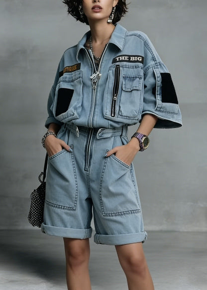 New Blue Zip Up Pockets Patchwork Denim Jumpsuit Summer