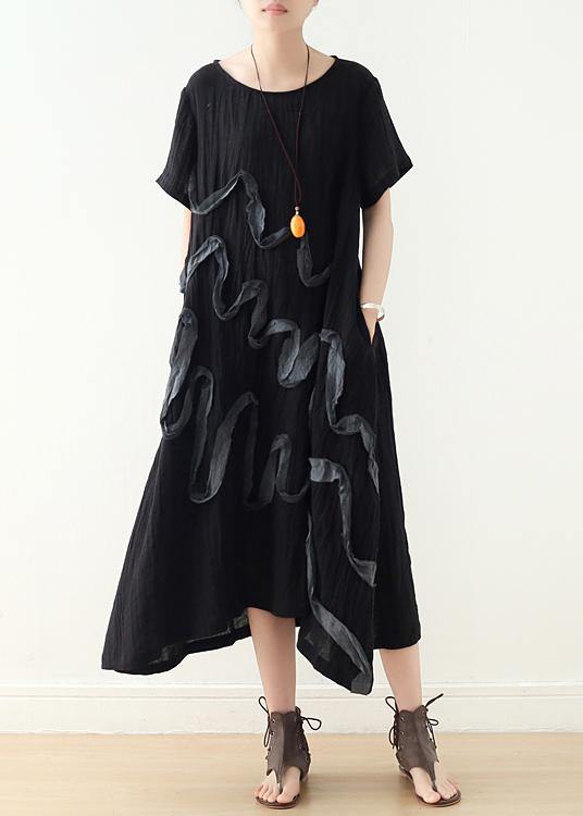 French Black Loose Linen Summer Dresses