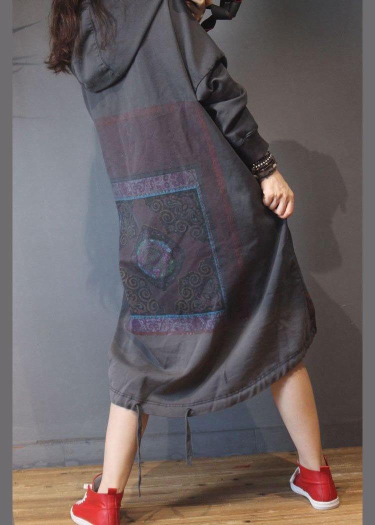 Grey Print Cotton Hooded Summer Dress