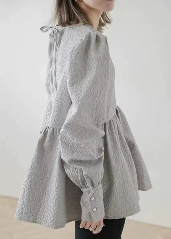 Unique Grey Emboss Back Lace Up Cotton Blouse Tops Fall