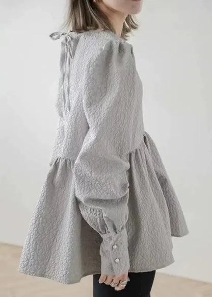 Unique Grey Emboss Back Lace Up Cotton Blouse Tops Fall