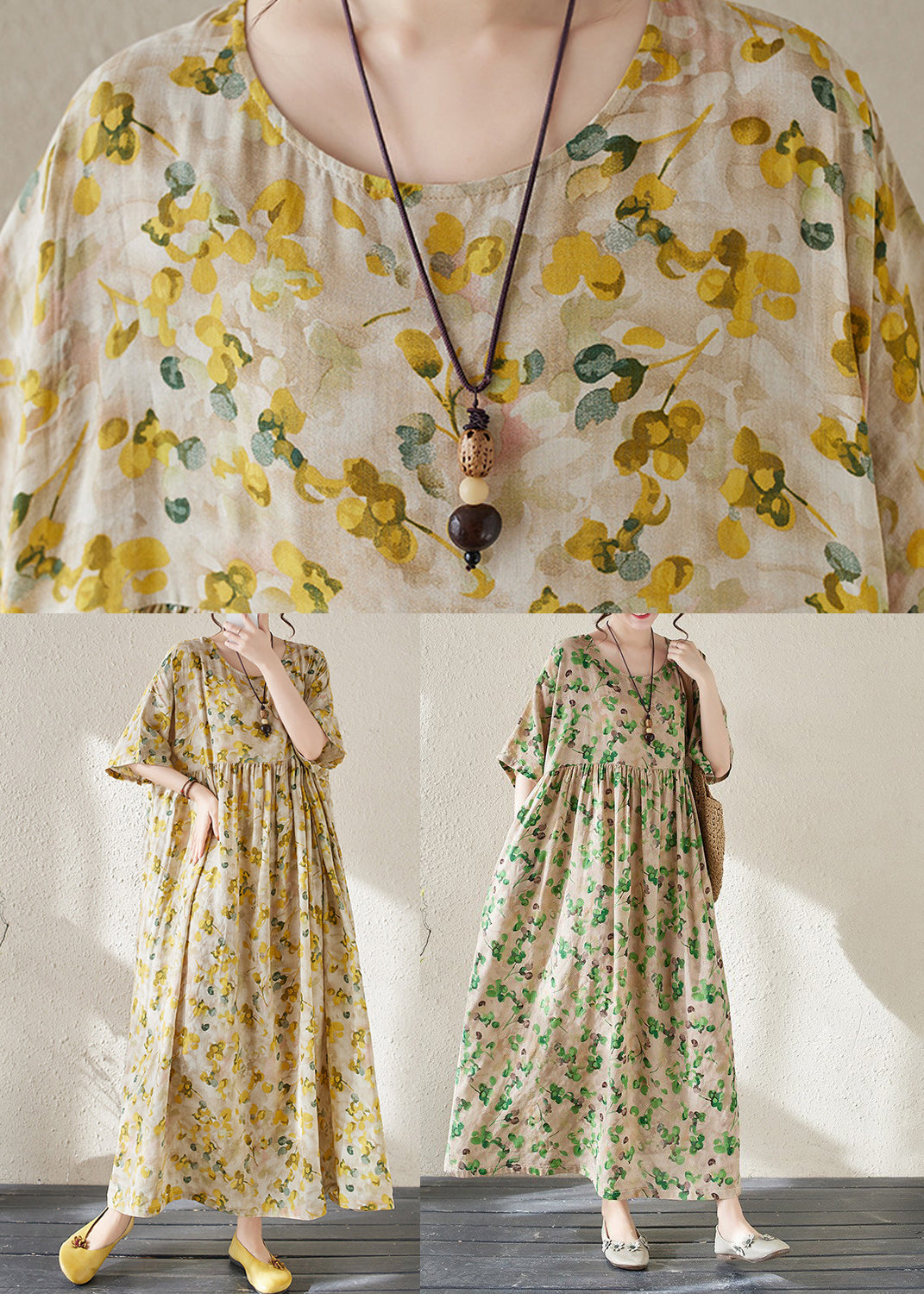 Green O-neck Print Long Dresses Summer