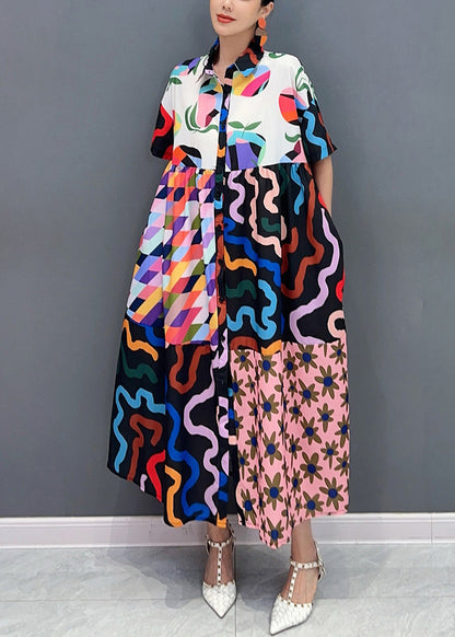 Photo Color Button Print Pockets Cotton Shirt Dress Summer