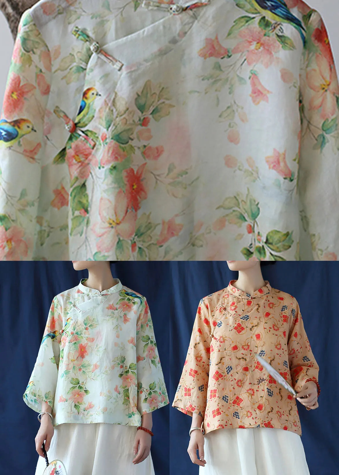 Khaki Button Print Linen Shirt Tops Three Quarter Sleeve