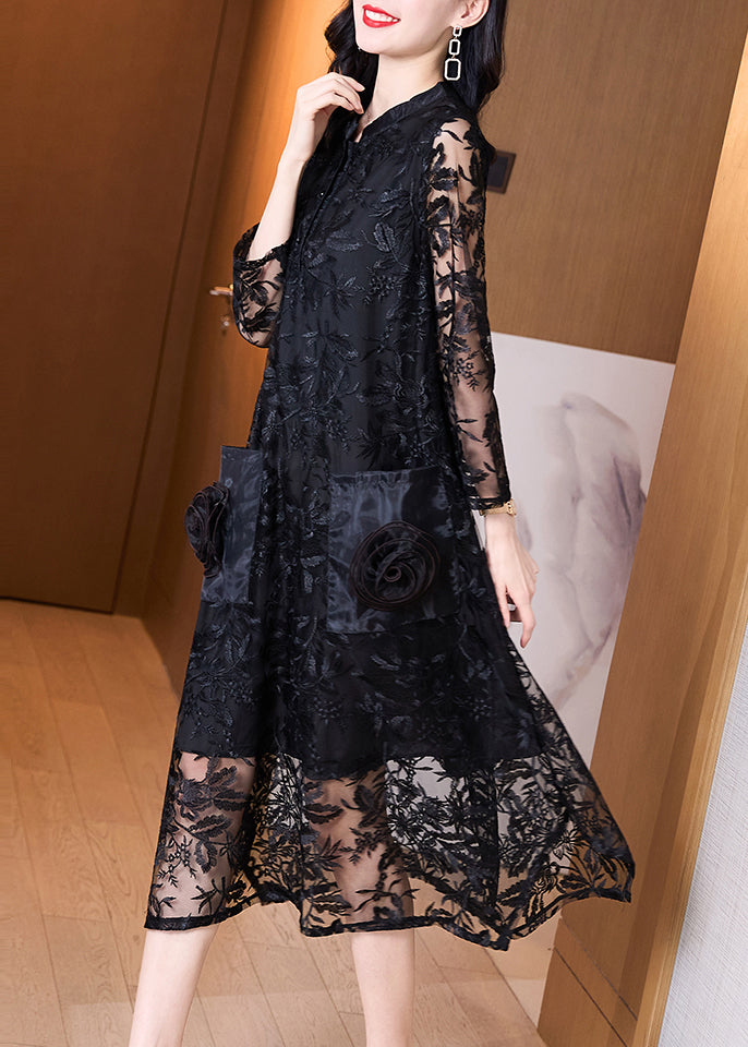Italian Black Stand Collar Embroideried Pockets Patchwork Tulle Dress Fall