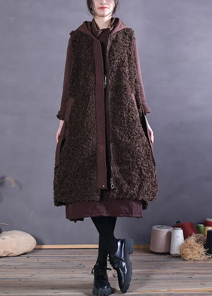 Chocolate Faux Fur Beach Vest Zip Up Sleeveless
