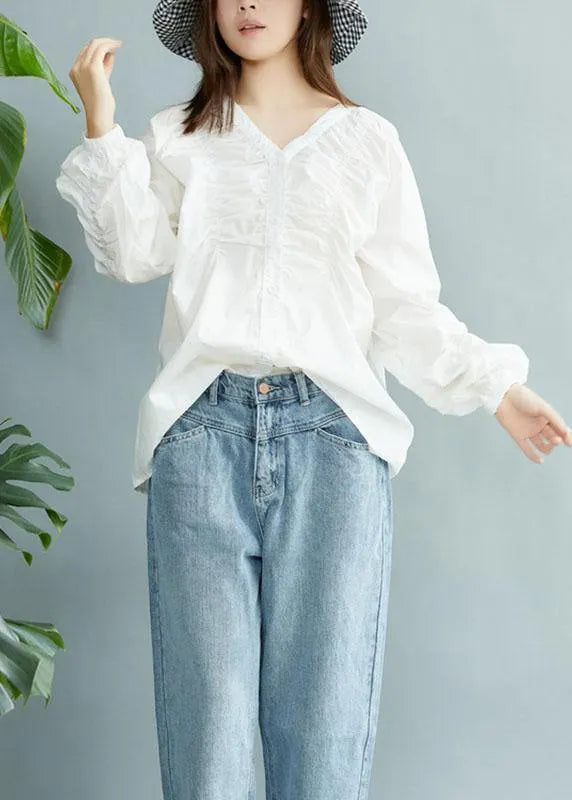 Boutique White V Neck Button Fall Long Sleeve Blouse Top