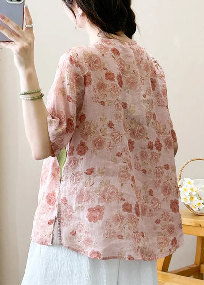 Stylish Print O-neck Ramie T Shirt Short Sleeve