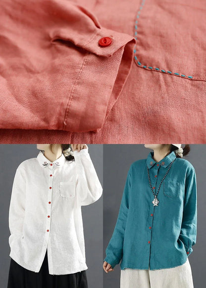 Simple Lapel Embroidery Top Pattern White Blouses