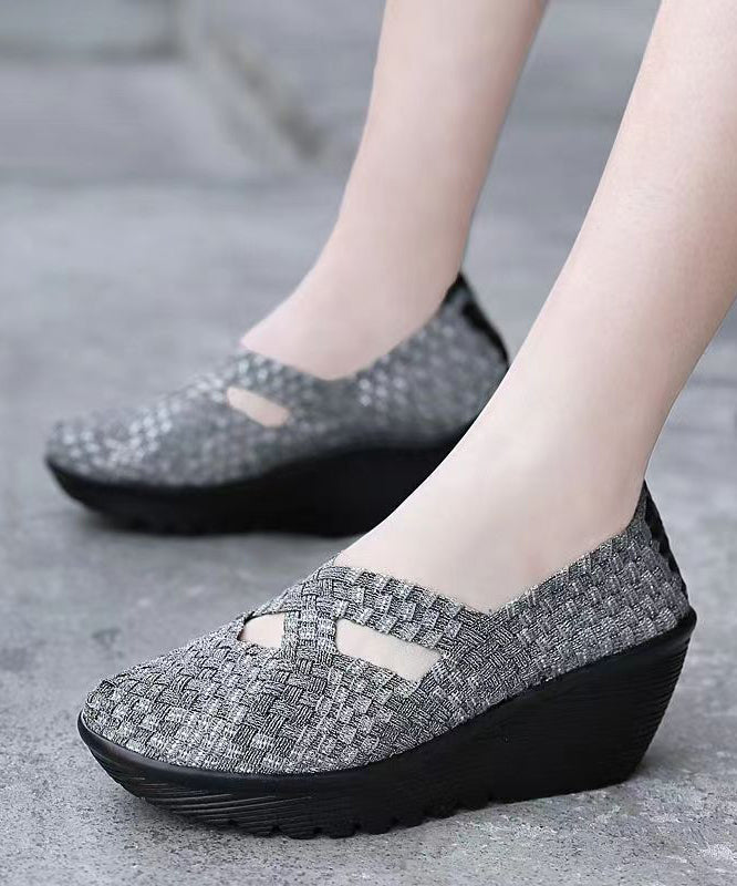 Knit Fabric Black Handmade Comfortable Splicing Wedge Heels Soofairy Shoes-20251