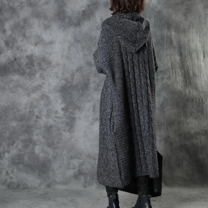 Classy Dark Gray Loose Hooded Fall Knitwear Coat