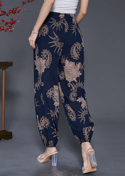 Navy Oversized Print Cotton Lantern Pants Fall