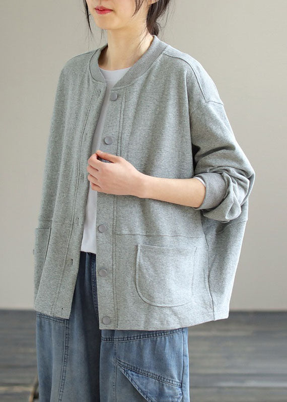 Brief Grey O-neck Button Cotton Coat Long Sleeve