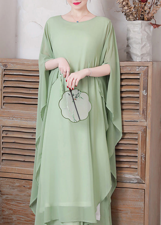 Pea Green Asymmetrical Chiffon Long Dress and Wide Leg Pants Two Pieces Set Spring