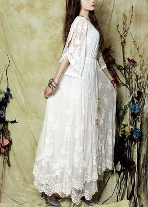 White Embroideried Cold Shoulder Lace Long Dresses Spring