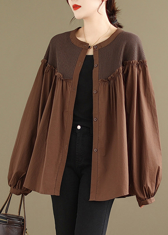 Coffee O-neck Wrinkled Shirts Long Sleeve