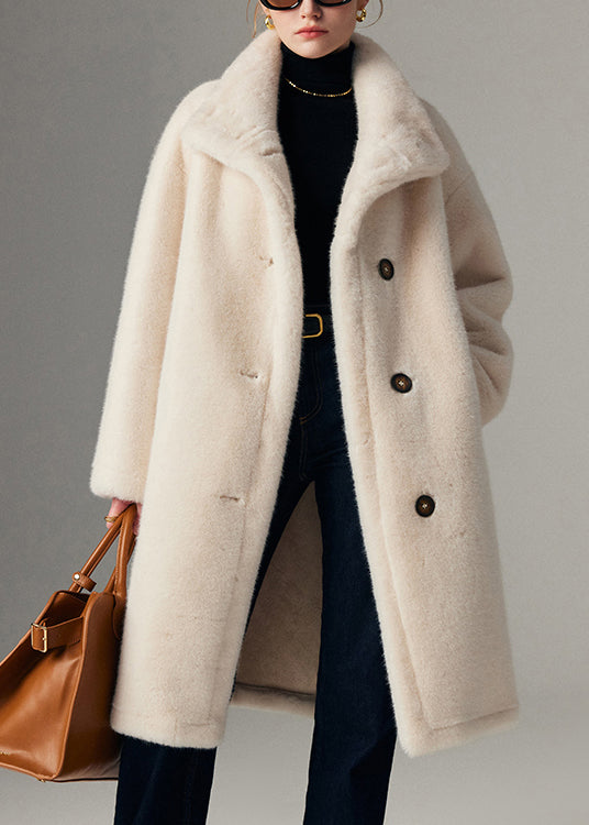 Beige Stand Collar Button Leather and Fur Coats Winter