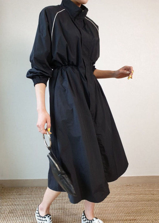 Black Stand Collar Pockets Patchwork Cotton Trench Jackets Spring