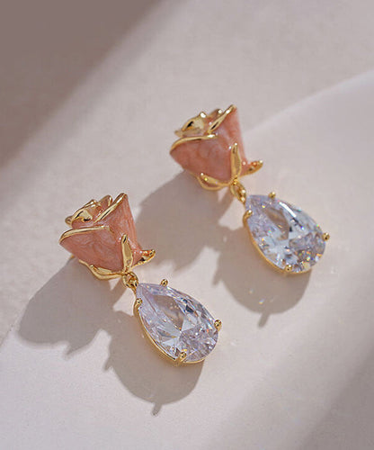 Pink Copper Zircon Gem Stone Rose Water Drop Drop Earrings